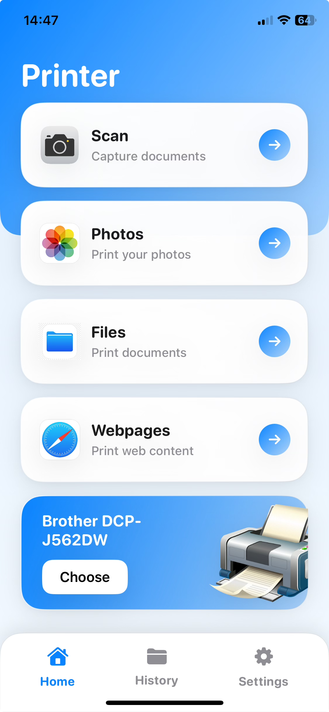 Airprinter App interface showing print and scan options on iPhone